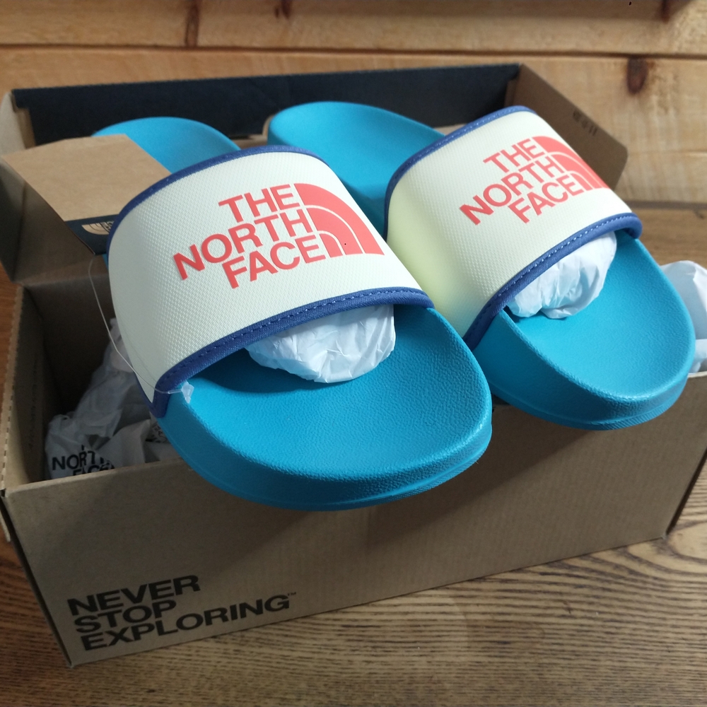 The North Face Blue and White Slide Sandals